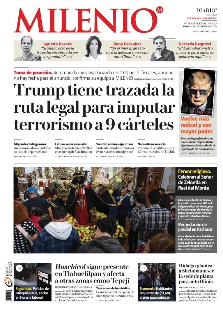 Portada de Milenio Hidalgo del lunes, 20 de enero de 2025