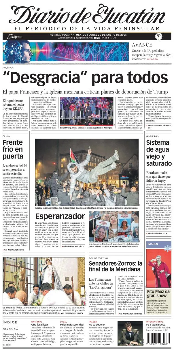 Portada de Diario de Yucatán del lunes, 20 de enero de 2025