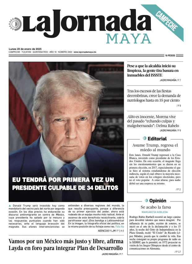 Portada de La Jornada Maya Campeche del lunes, 20 de enero de 2025