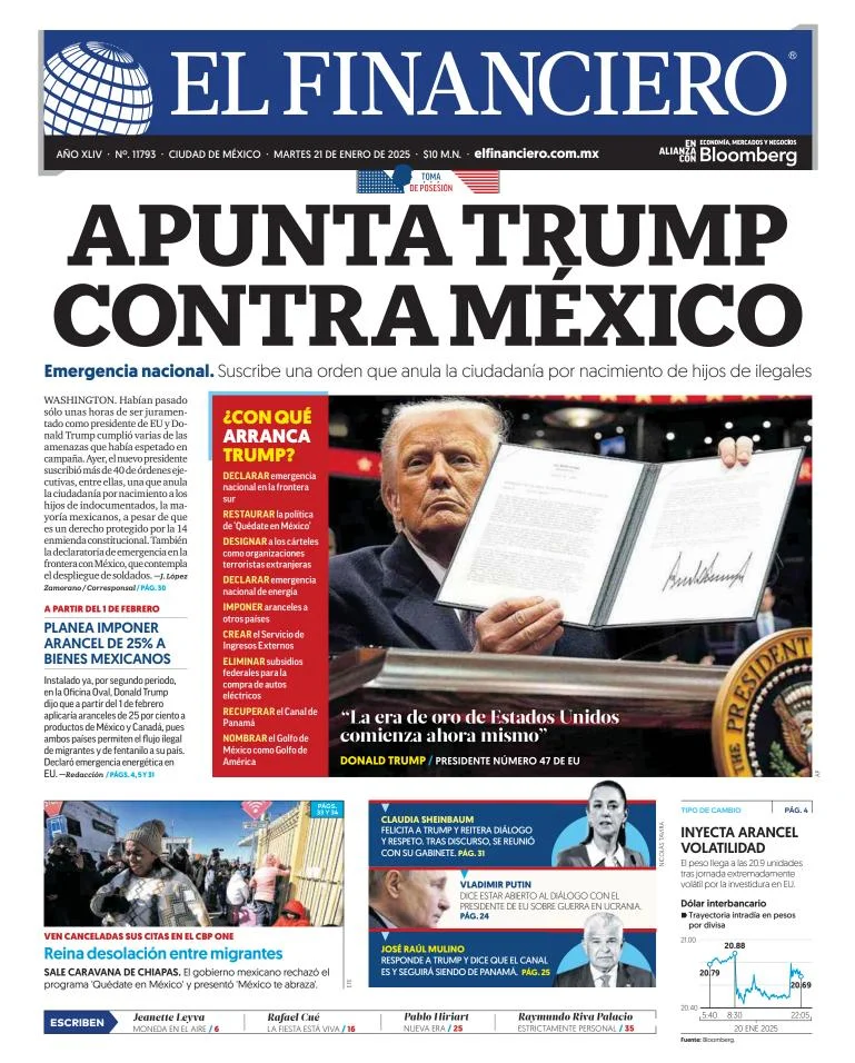Portada de El Financiero del martes, 21 de enero de 2025