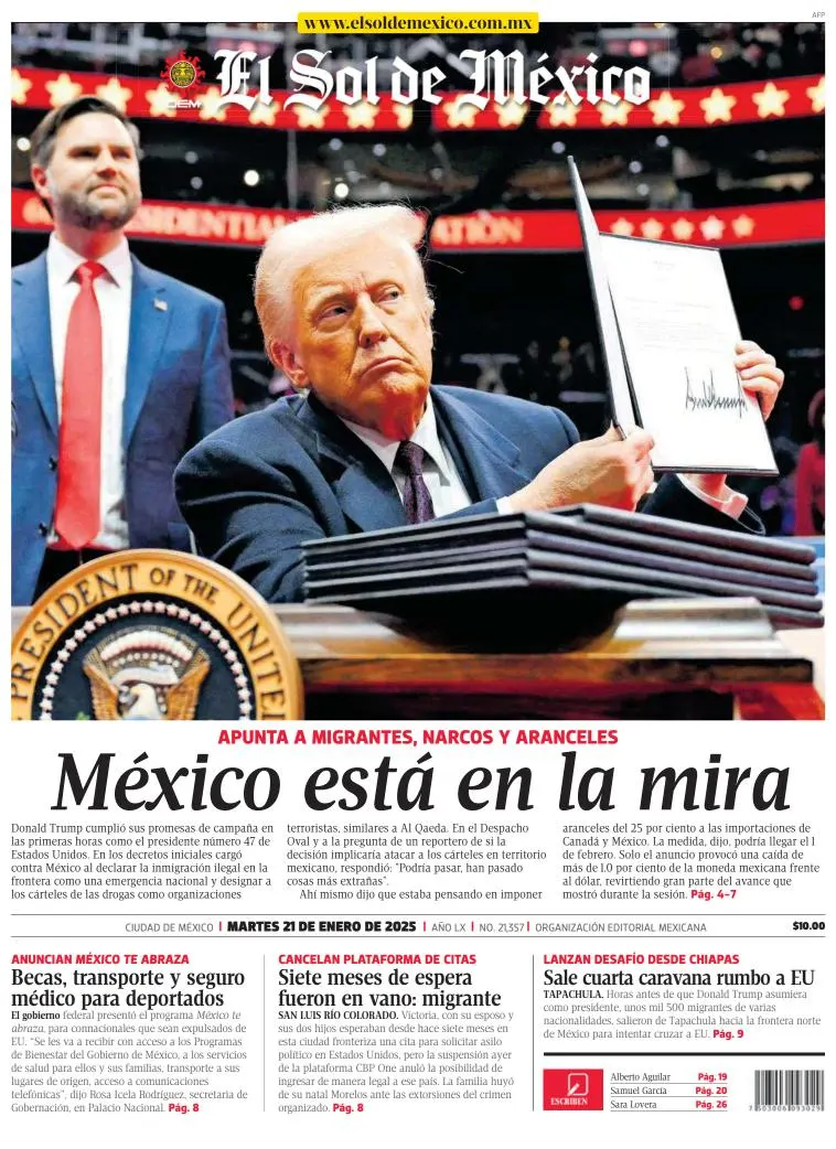 Portada de El Sol de México del martes, 21 de enero de 2025