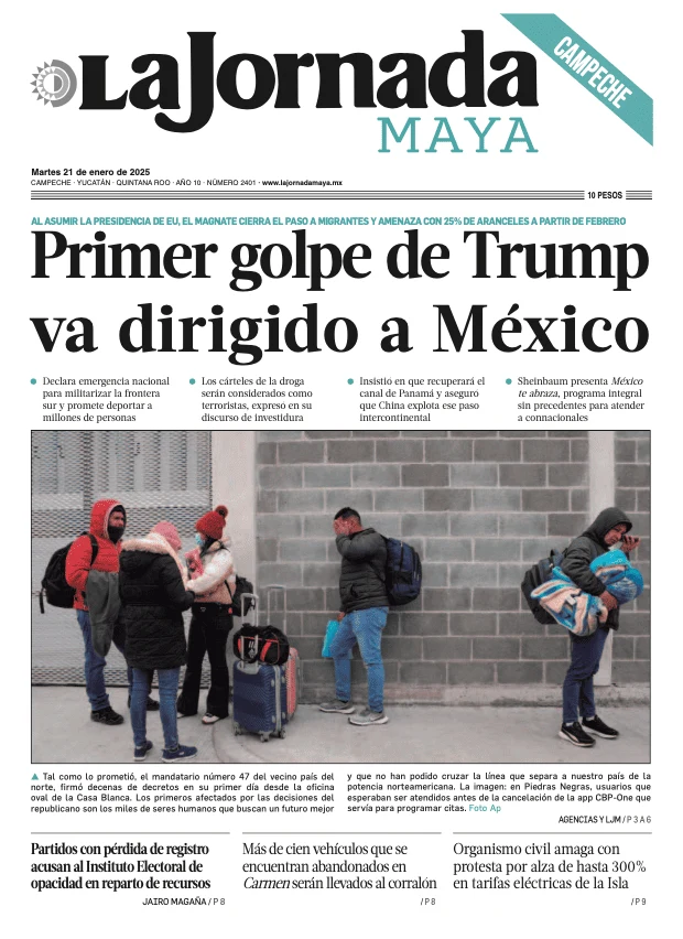 Portada de La Jornada Maya Campeche del martes, 21 de enero de 2025