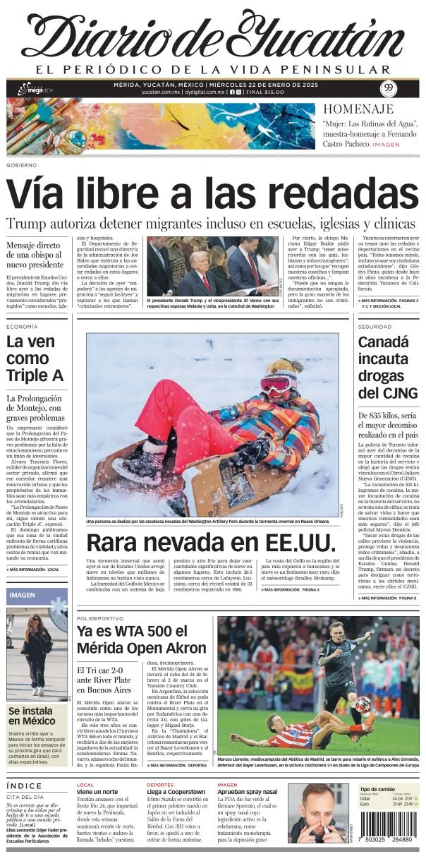 Portada de Diario de Yucatán del miércoles, 22 de enero de 2025