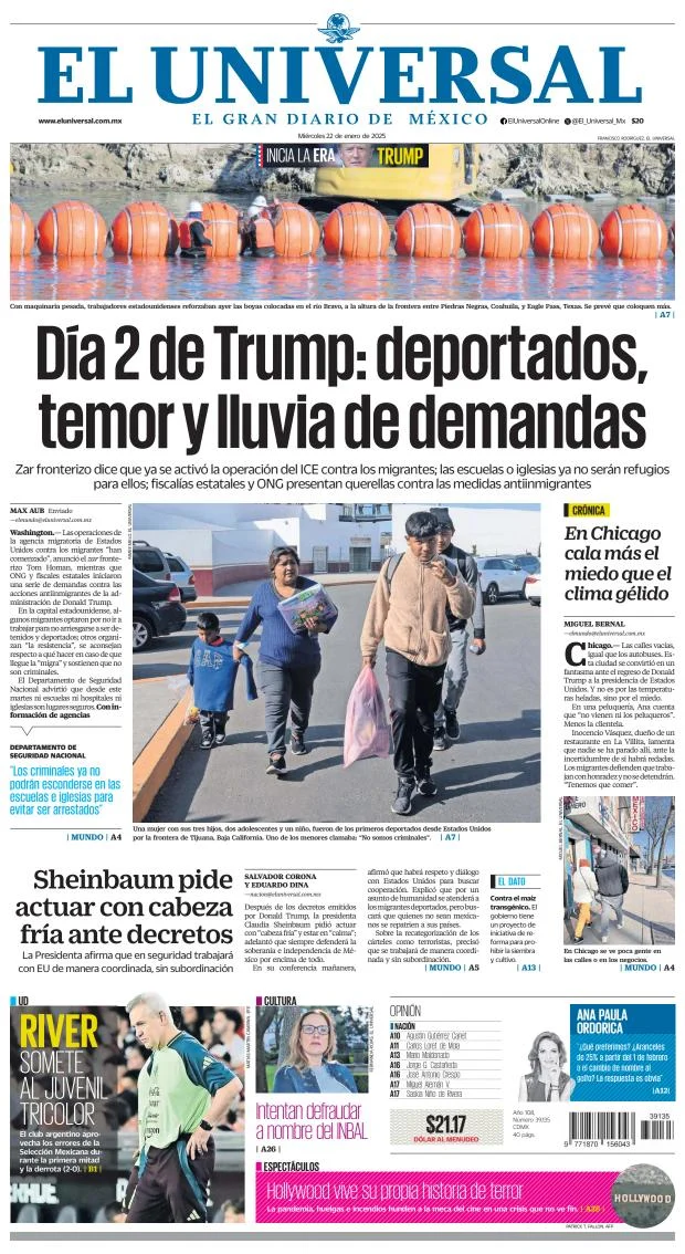 Portada de El Universal del miércoles, 22 de enero de 2025