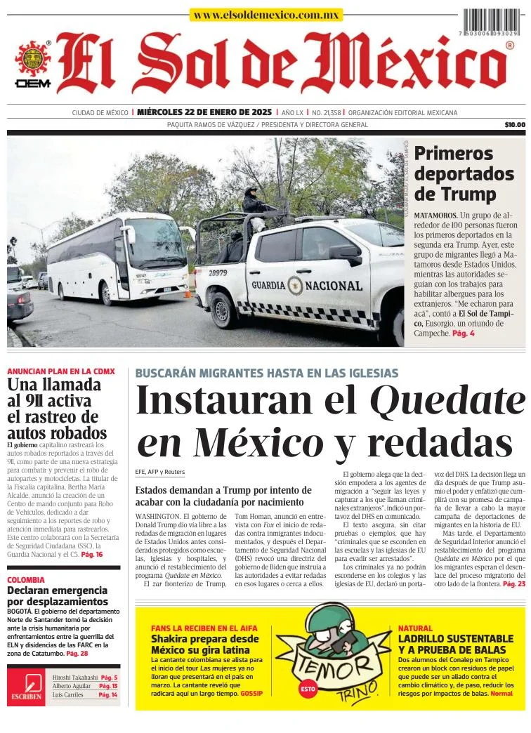 Portada de El Sol de México del miércoles, 22 de enero de 2025