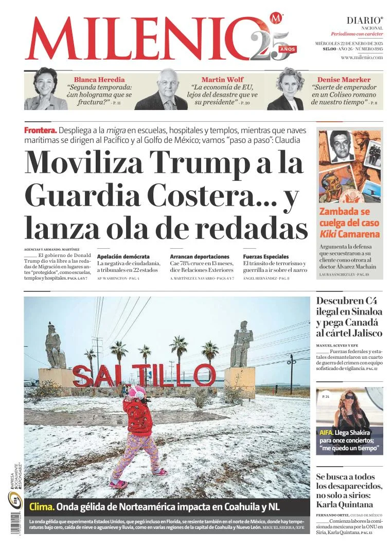 Portada de Milenio del miércoles, 22 de enero de 2025