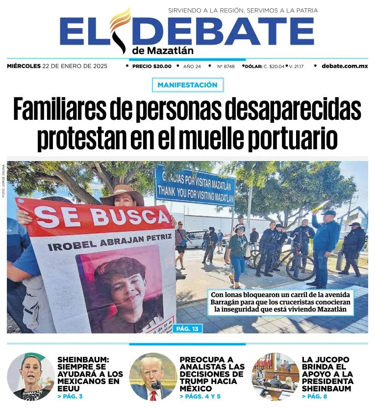 Portada de El Debate de Mazatlán del miércoles, 22 de enero de 2025