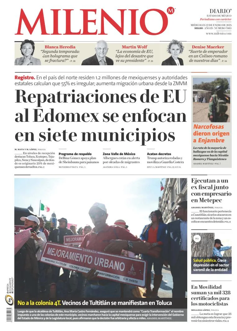 Portada de Milenio Edo de México del miércoles, 22 de enero de 2025