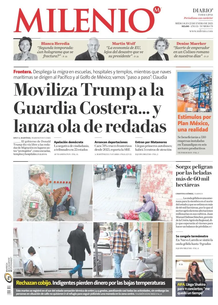 Portada de Milenio Tamaulipas del miércoles, 22 de enero de 2025