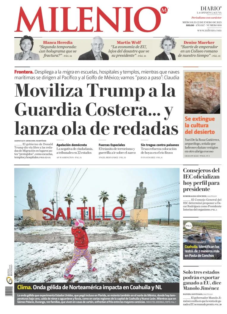 Portada de Milenio Laguna del miércoles, 22 de enero de 2025