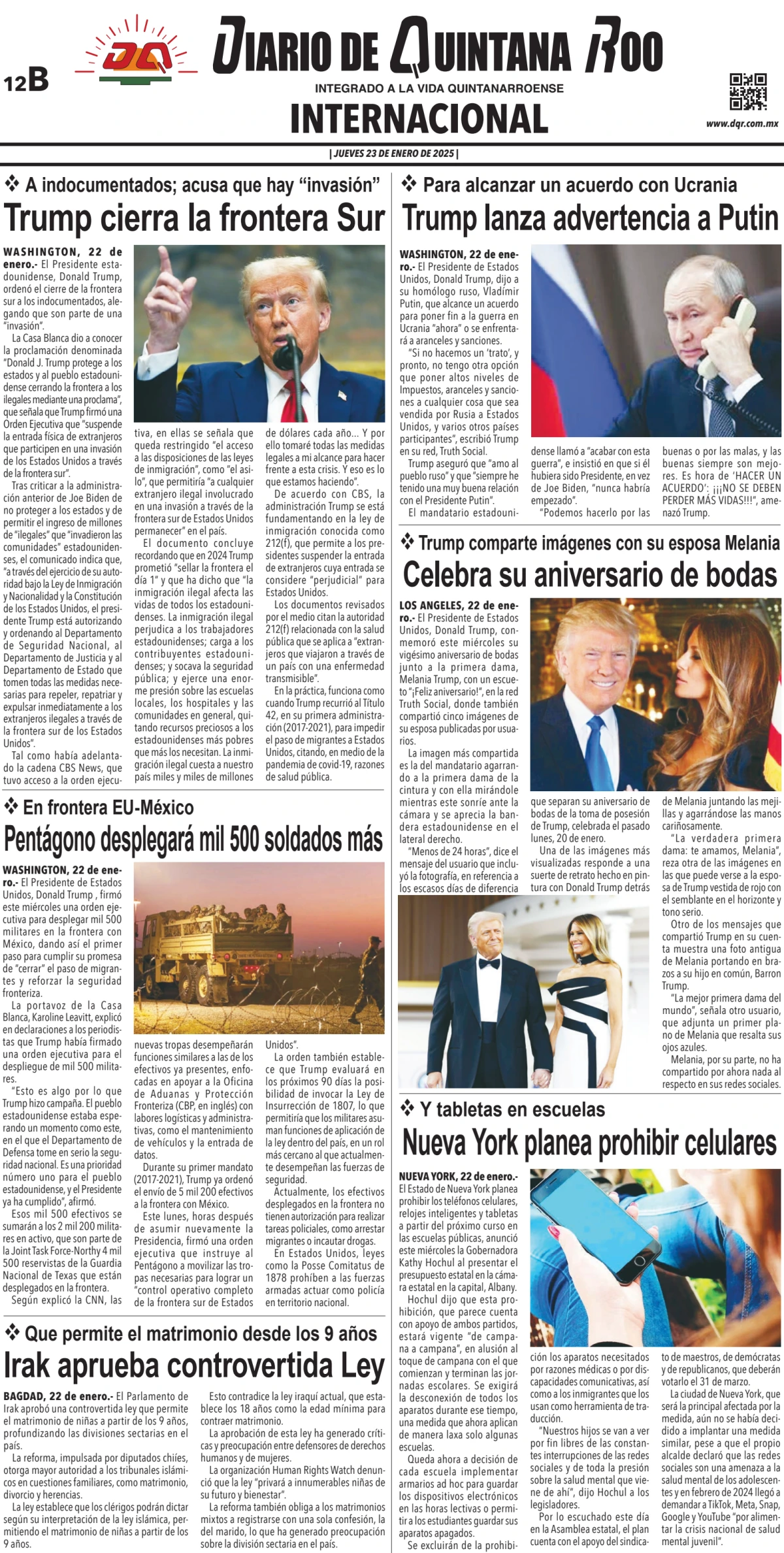 Portada de Diario de Quintana Roo (contra Portada) del jueves, 23 de enero de 2025