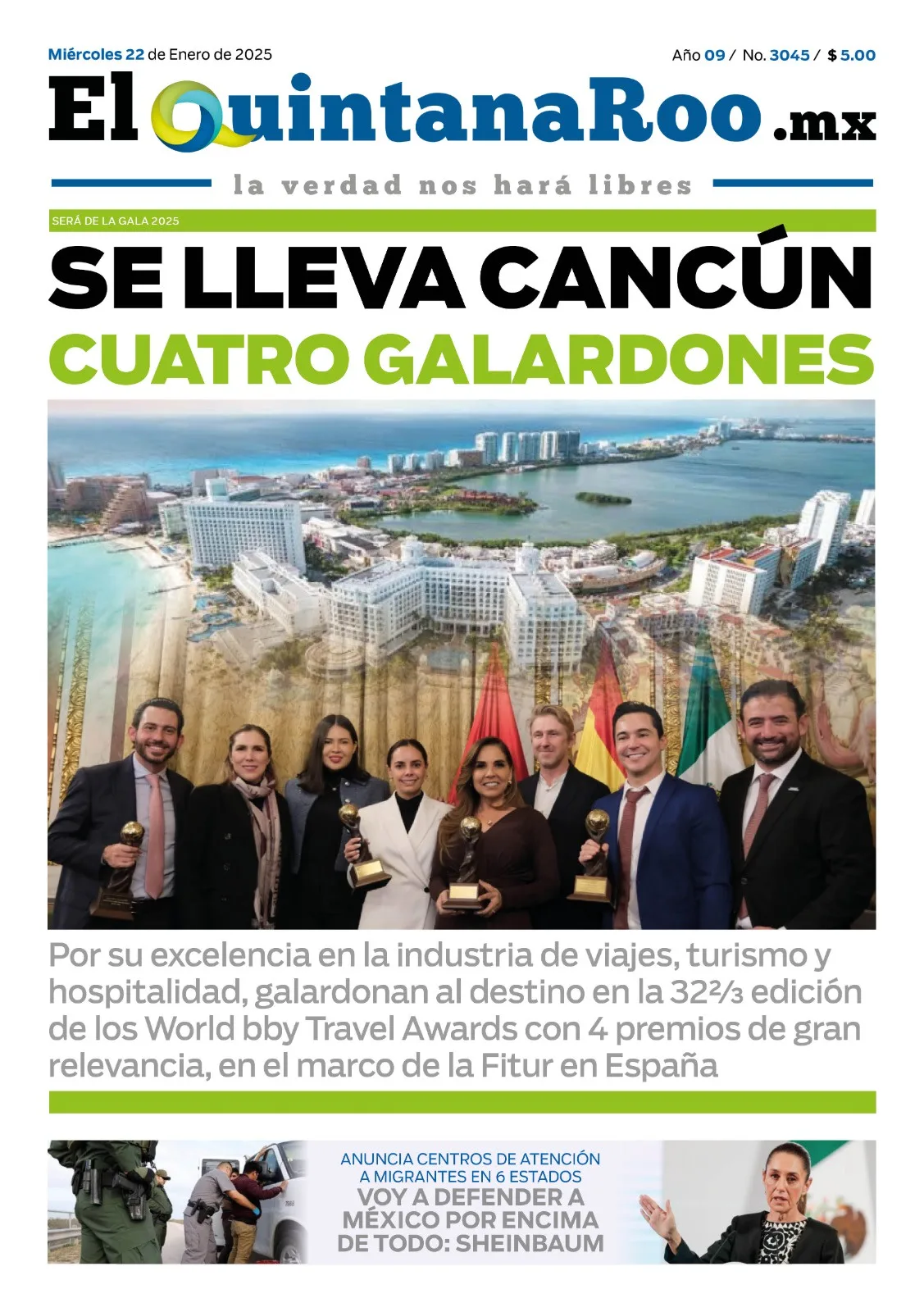 Portada de El Quintana Roo (portada) del miércoles, 22 de enero de 2025