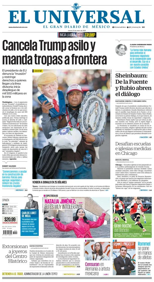 Portada de El Universal del jueves, 23 de enero de 2025