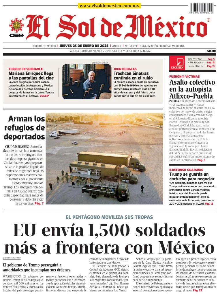 Portada de El Sol de México del jueves, 23 de enero de 2025