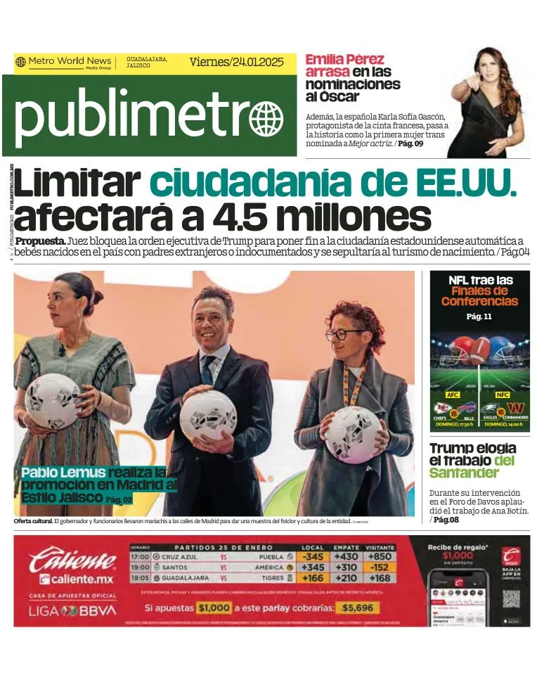 Portada de Publimetro Guadalajara del viernes, 24 de enero de 2025