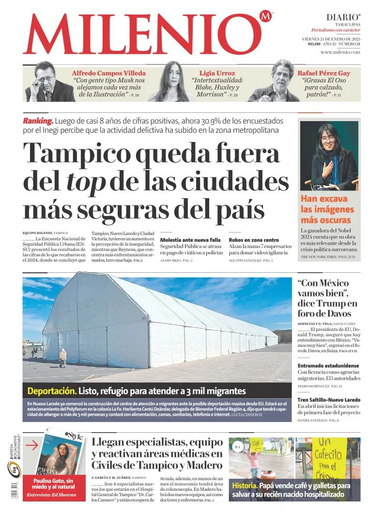 Portada de Milenio Tamaulipas del viernes, 24 de enero de 2025