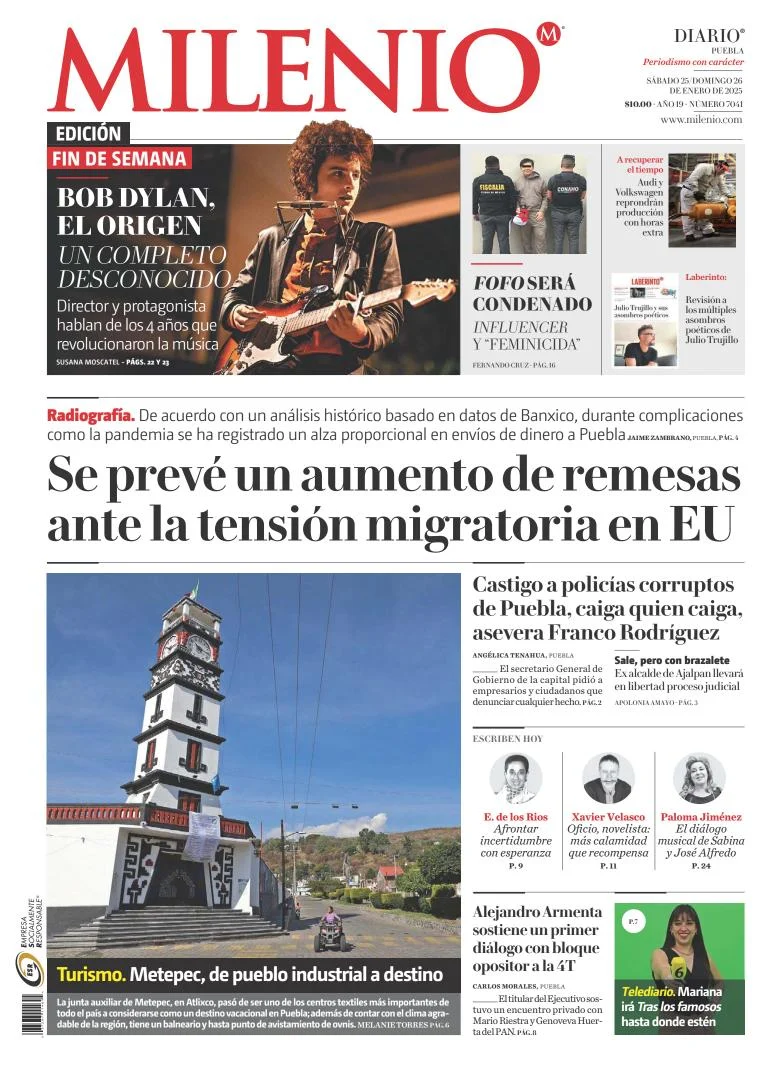 Portada de Milenio Puebla del sábado, 25 de enero de 2025