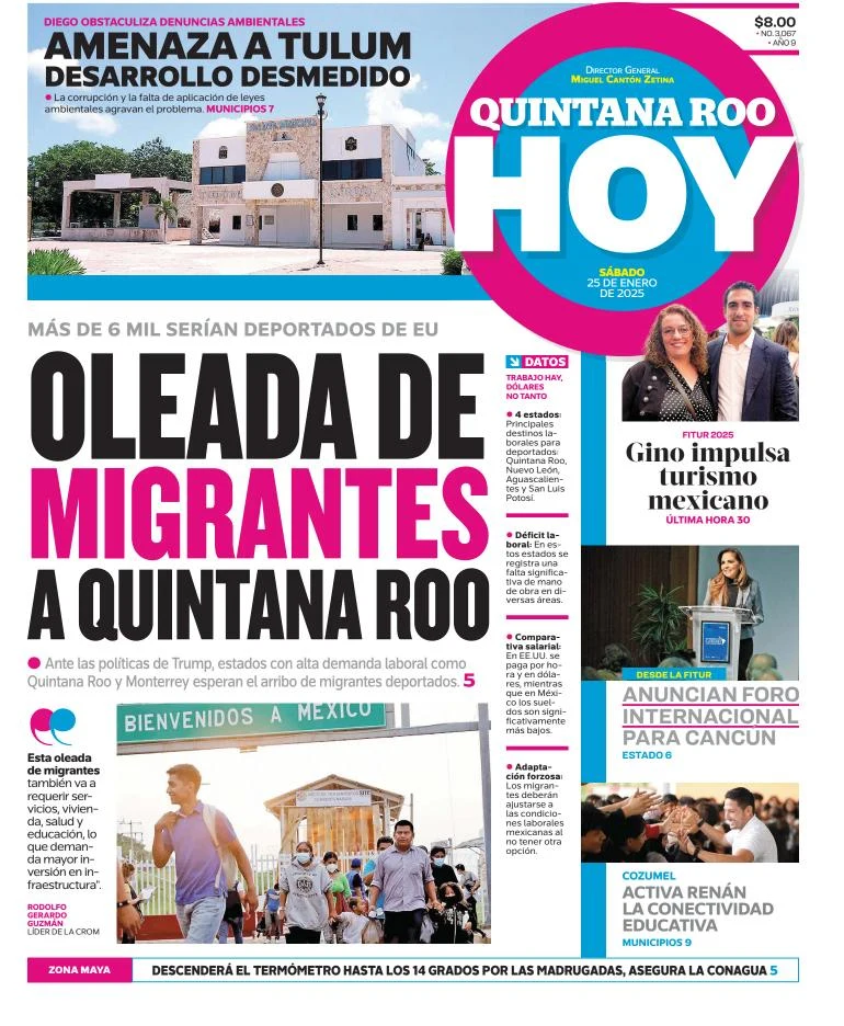 Portada de Quintana Roo Hoy del sábado, 25 de enero de 2025