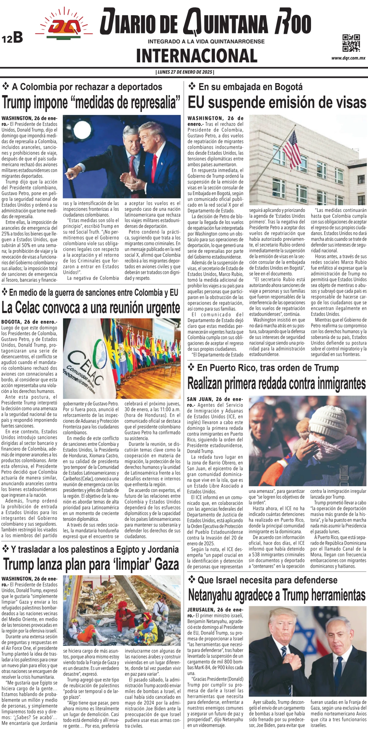 Portada de Diario de Quintana Roo (contra Portada) del lunes, 27 de enero de 2025