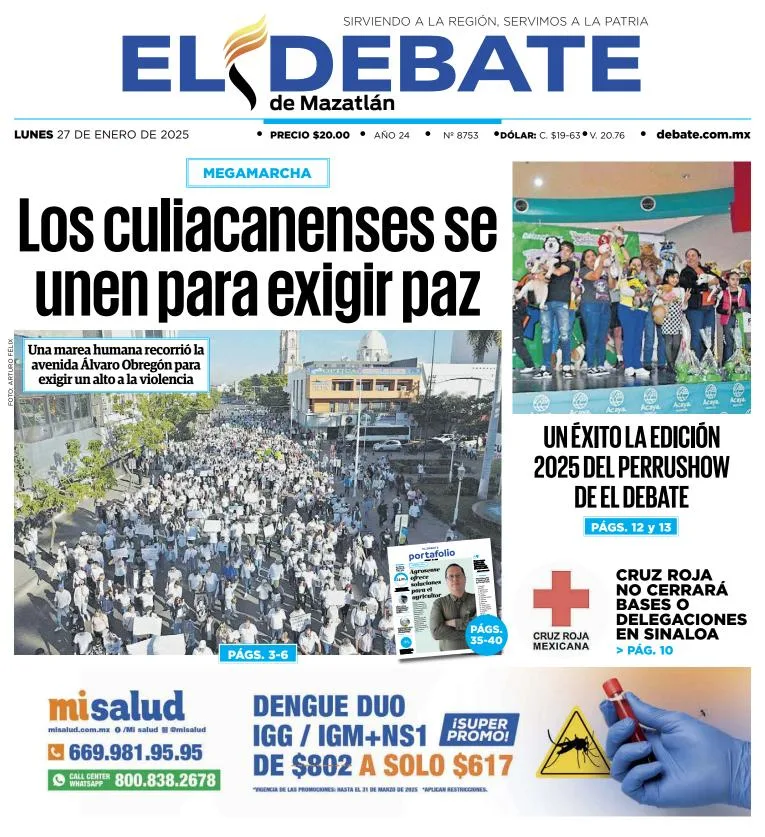 Portada de El Debate de Mazatlán del lunes, 27 de enero de 2025
