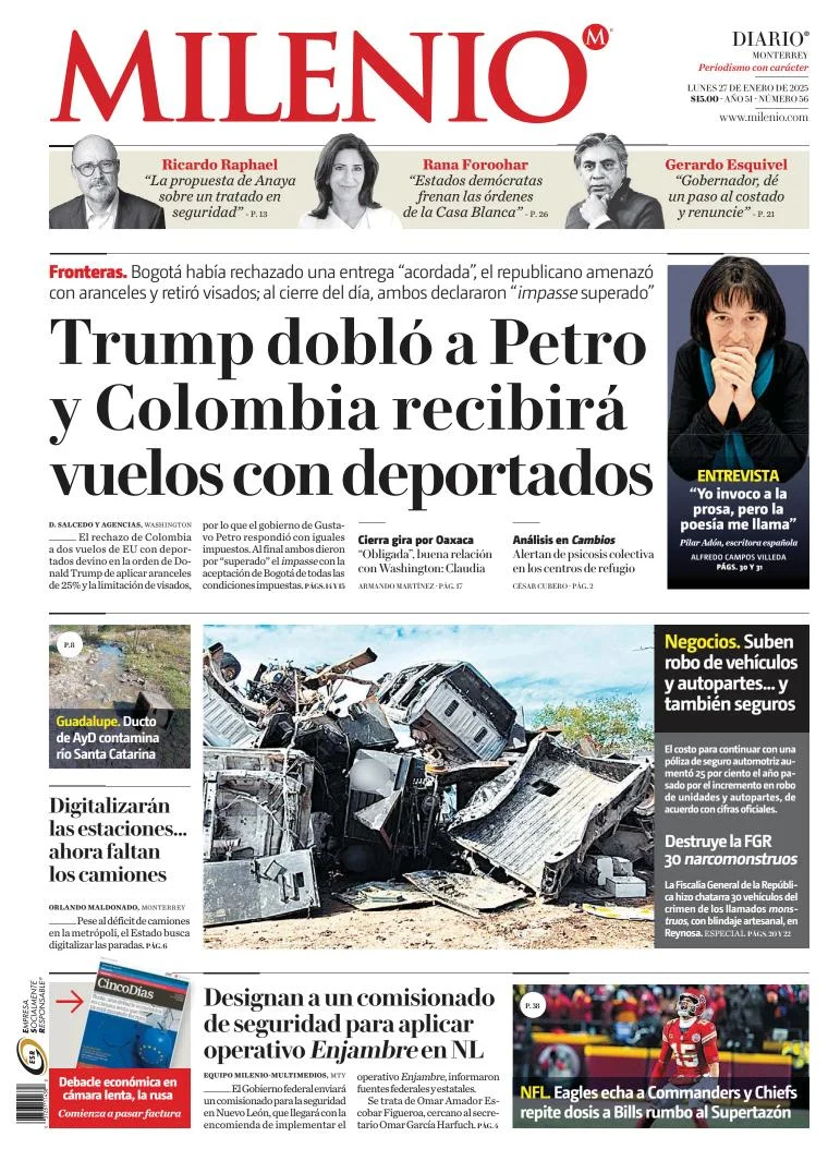 Portada de Milenio Monterrey del lunes, 27 de enero de 2025