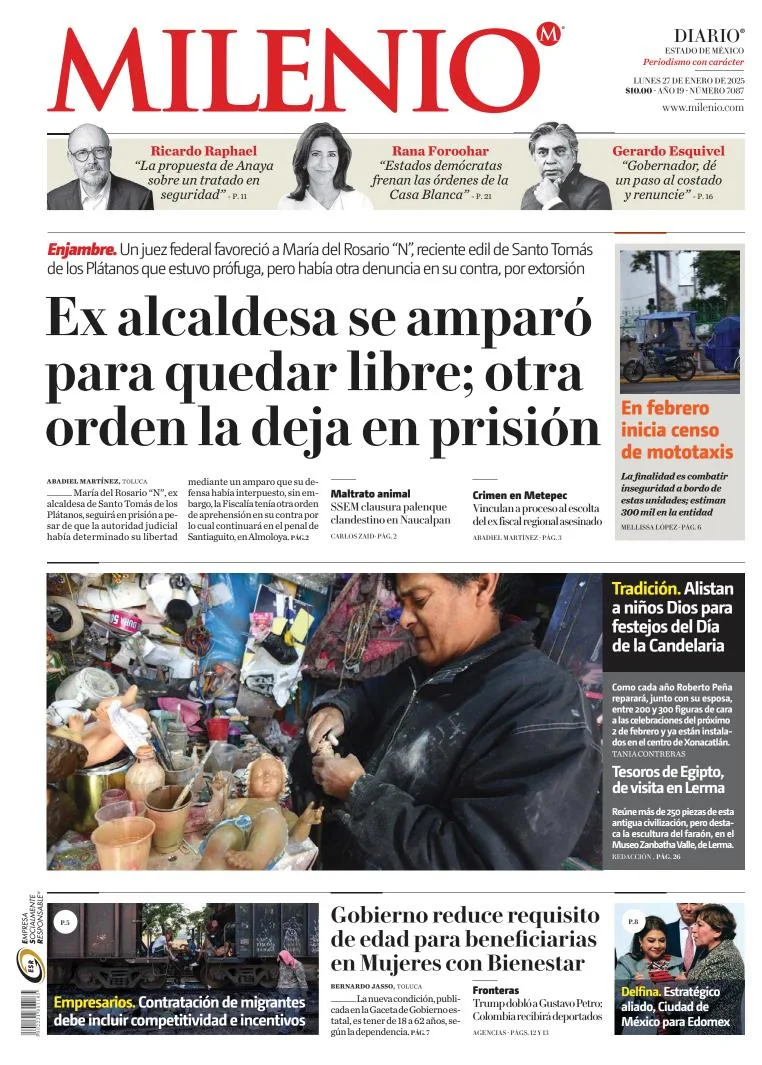 Portada de Milenio Edo de México del lunes, 27 de enero de 2025