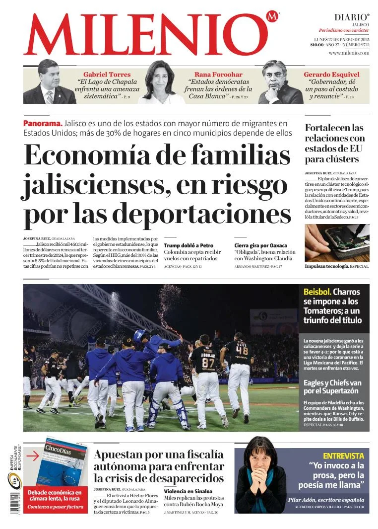 Portada de Milenio Jalisco del lunes, 27 de enero de 2025