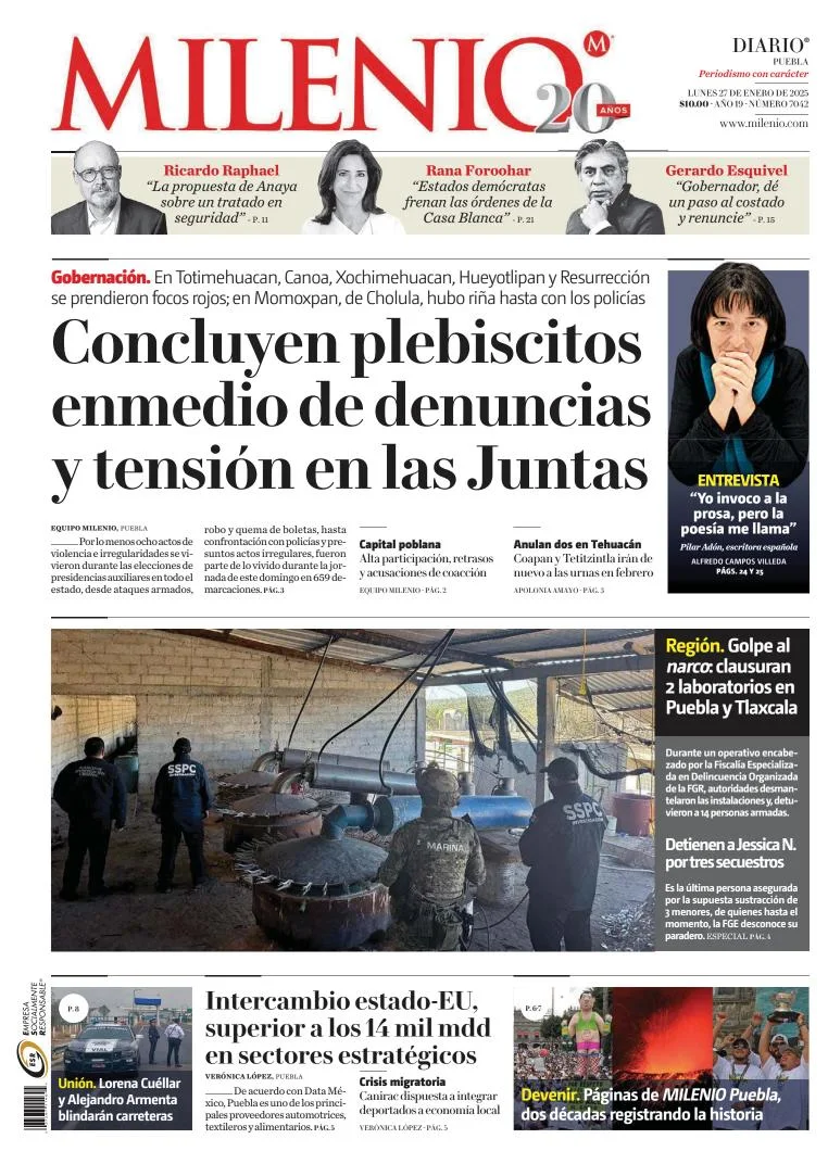Portada de Milenio Puebla del lunes, 27 de enero de 2025