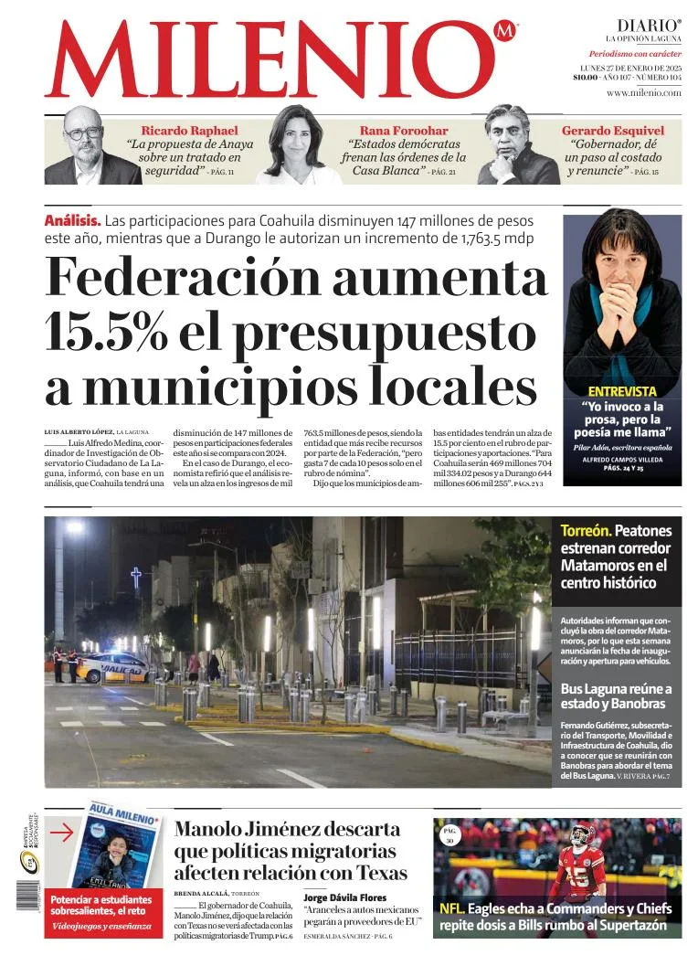 Portada de Milenio Laguna del lunes, 27 de enero de 2025
