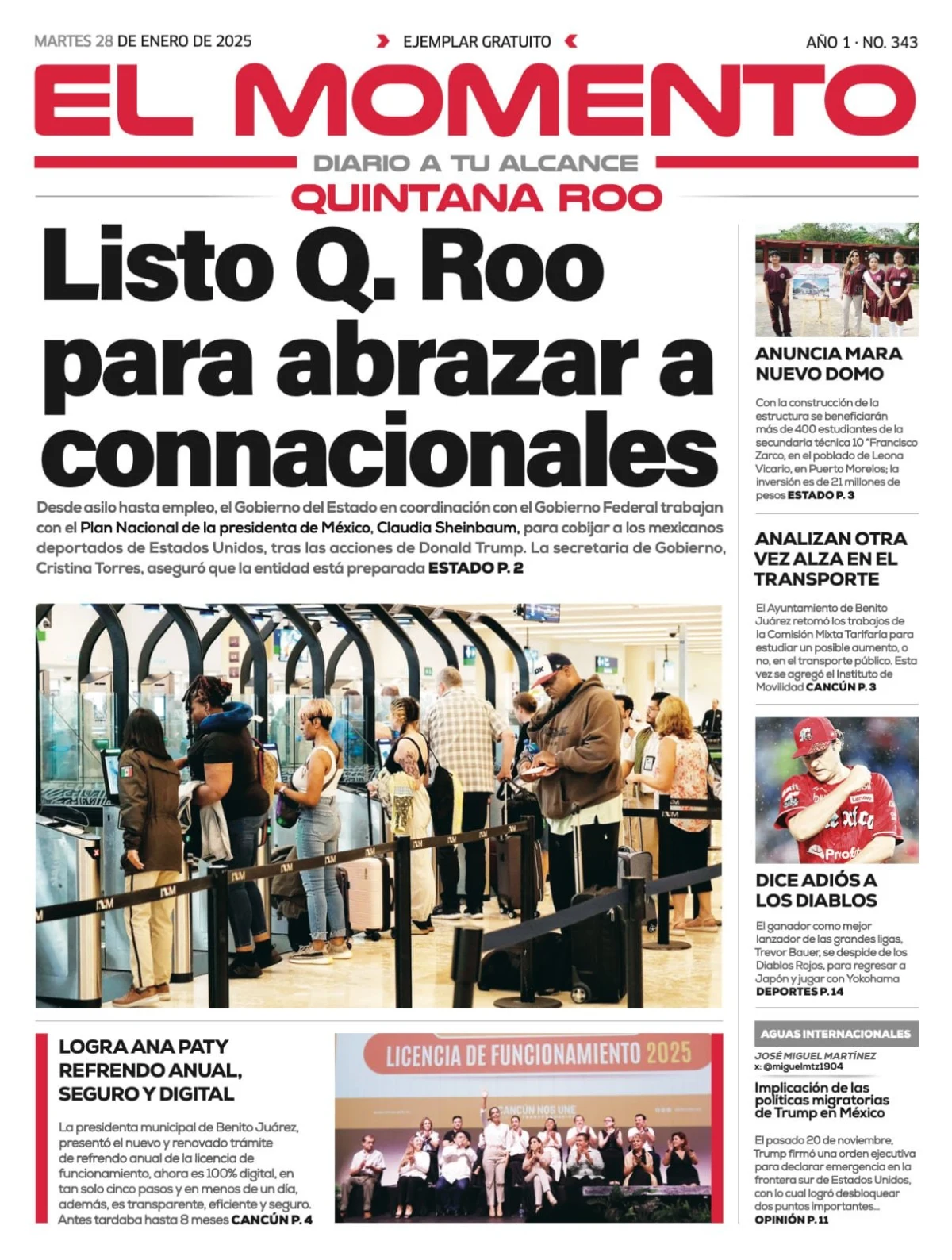 Portada de El Momento Quintana Roo del martes, 28 de enero de 2025