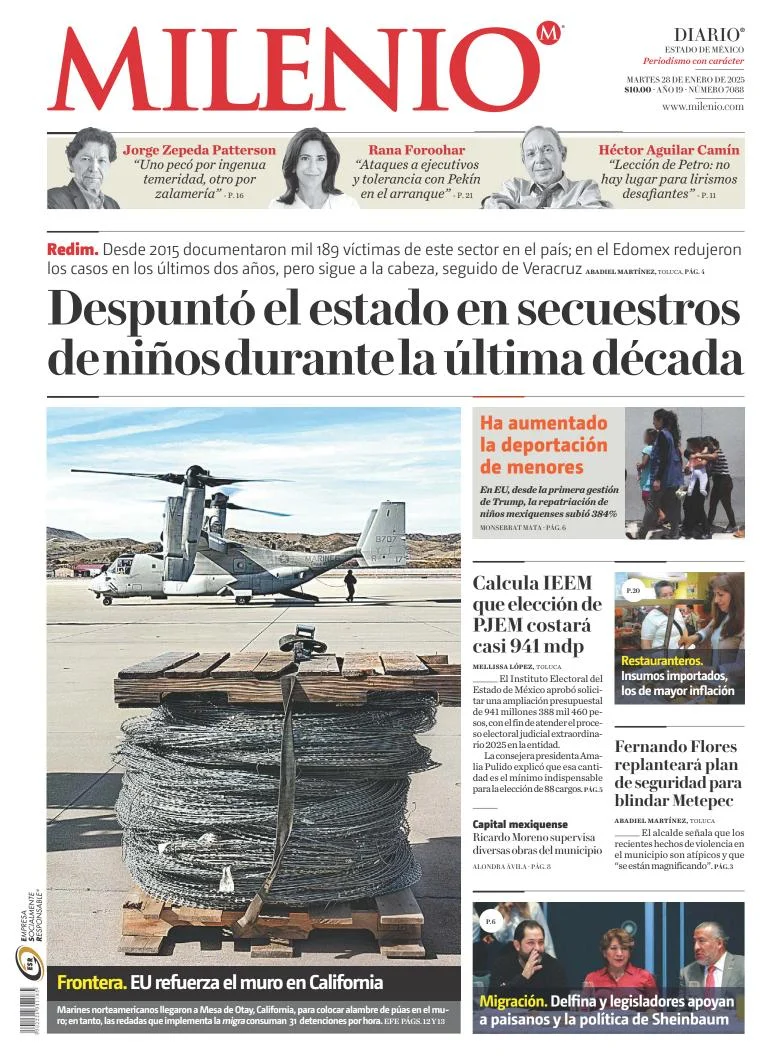 Portada de Milenio Edo de México del martes, 28 de enero de 2025