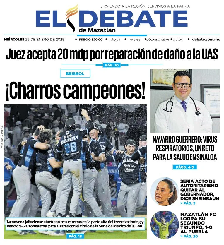 Portada de El Debate de Mazatlán del miércoles, 29 de enero de 2025