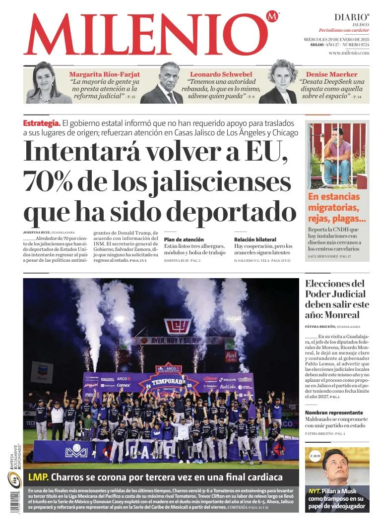 Portada de Milenio Jalisco del miércoles, 29 de enero de 2025