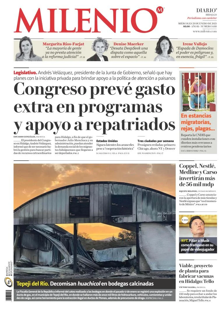 Portada de Milenio Hidalgo del miércoles, 29 de enero de 2025