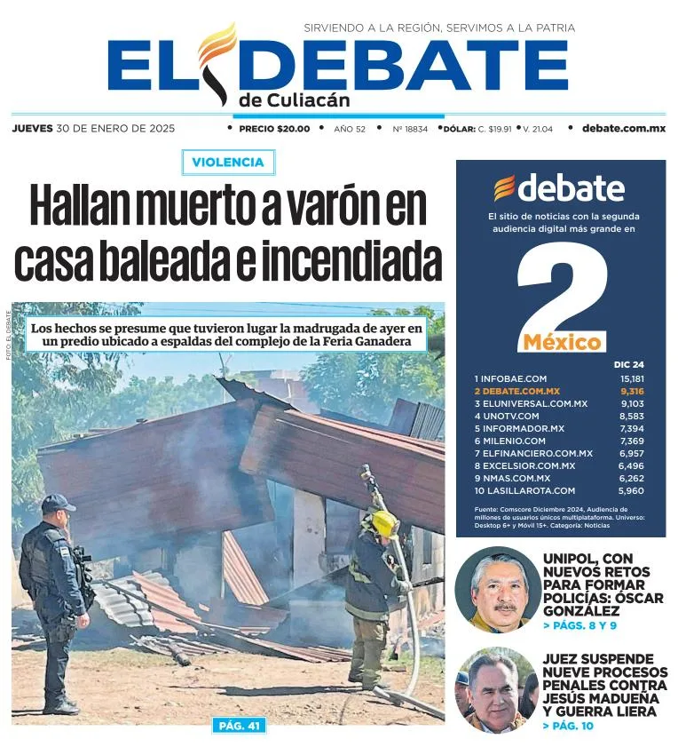 Portada de El Debate de Culiacán del jueves, 30 de enero de 2025