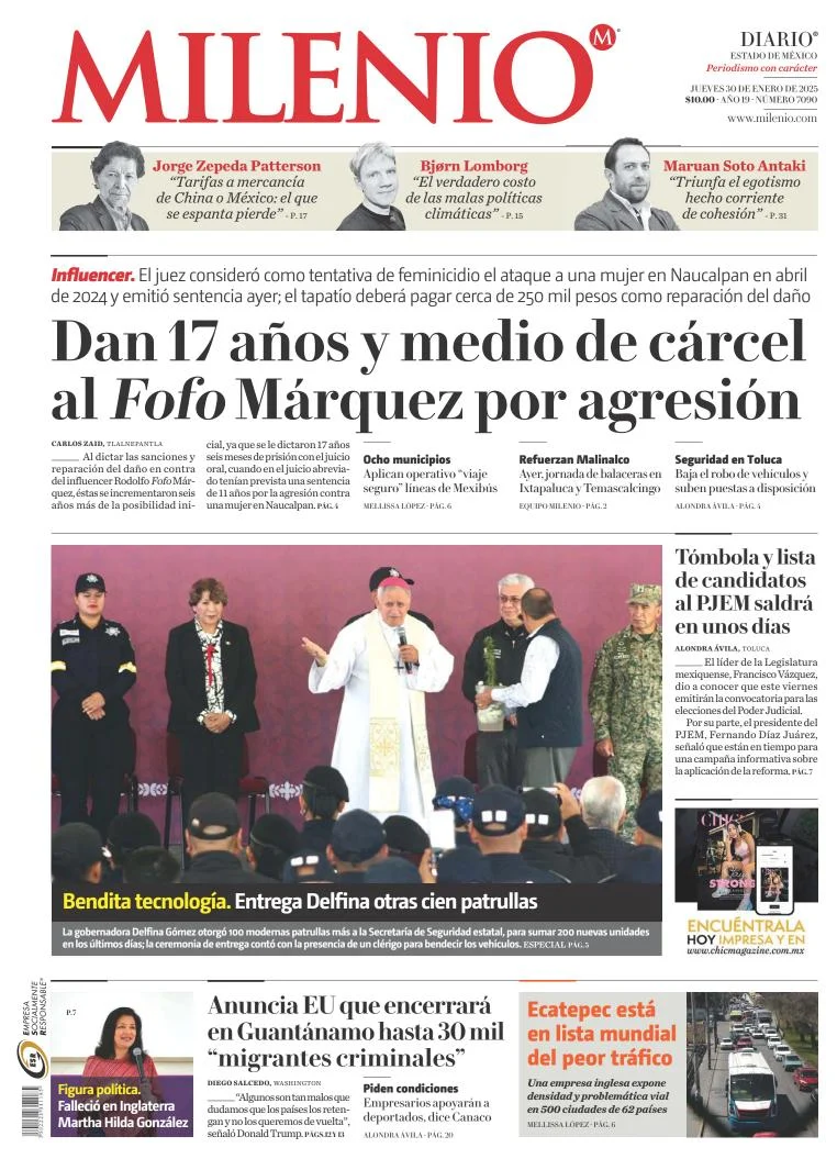 Portada de Milenio Edo de México del jueves, 30 de enero de 2025