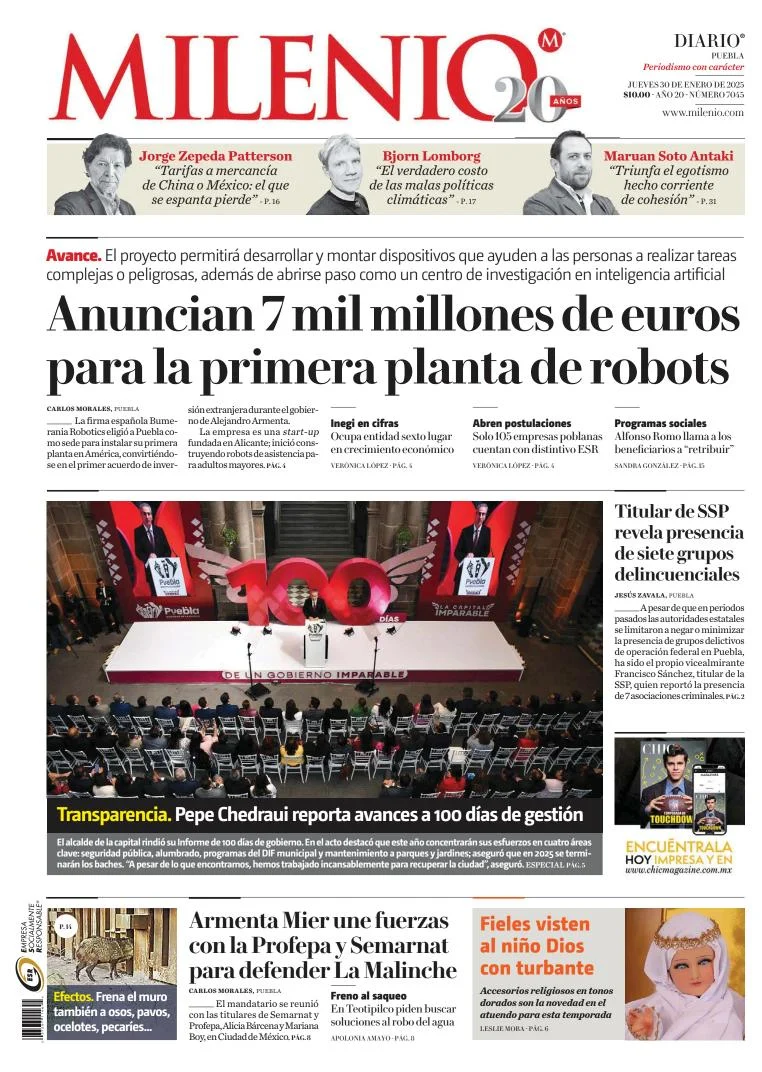 Portada de Milenio Puebla del jueves, 30 de enero de 2025