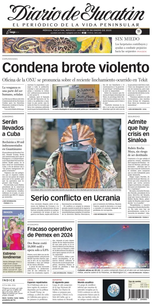 Portada de Diario de Yucatán del jueves, 30 de enero de 2025