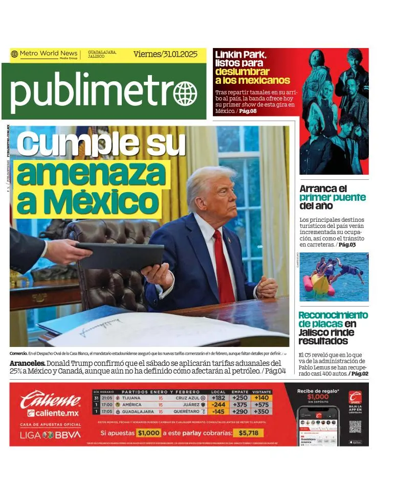 Portada de Publimetro Guadalajara del viernes, 31 de enero de 2025