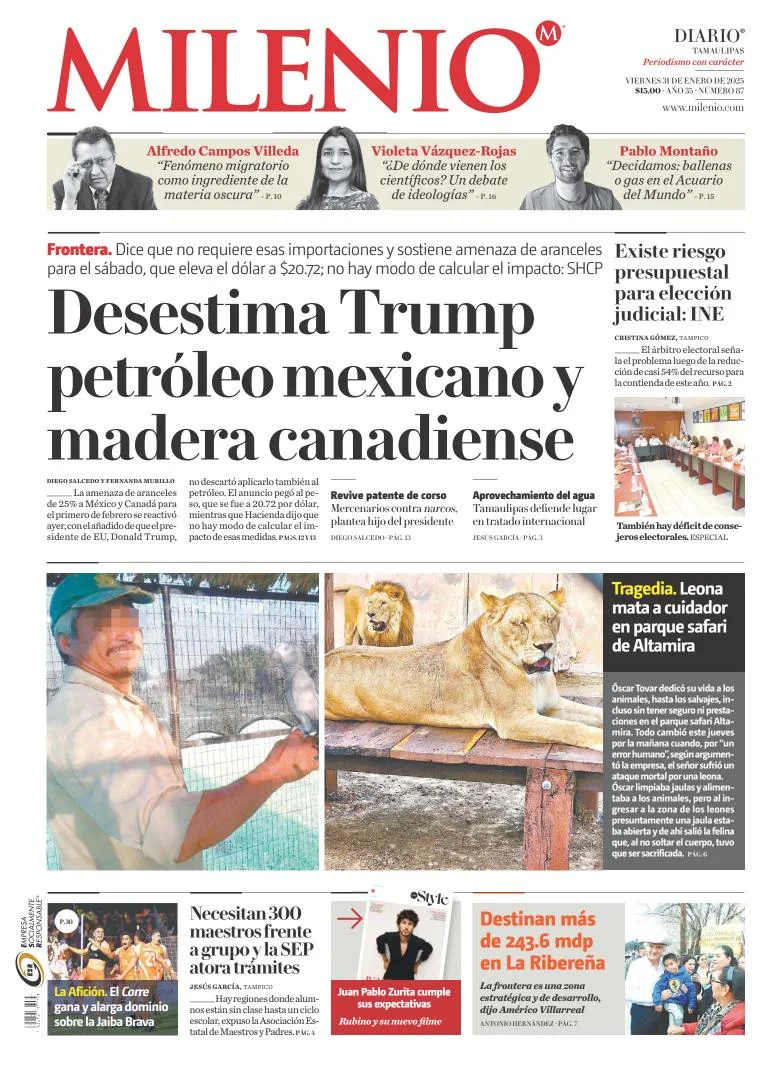 Portada de Milenio Tamaulipas del viernes, 31 de enero de 2025