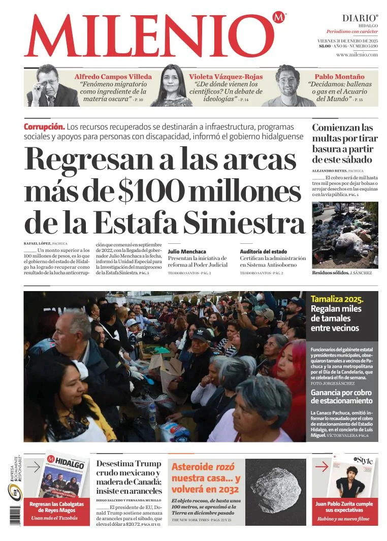 Portada de Milenio Hidalgo del viernes, 31 de enero de 2025