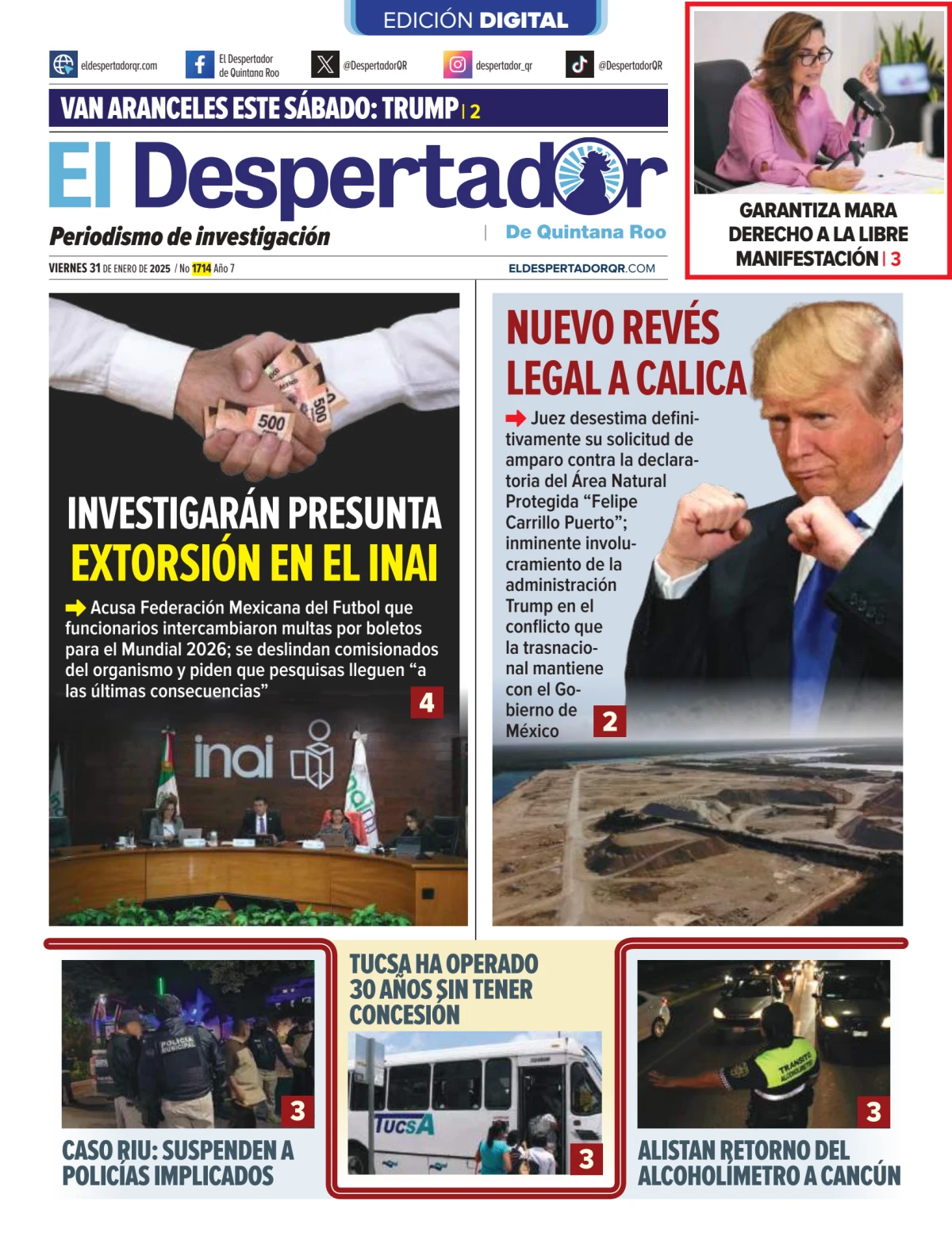 Portada de El Despertador de Quinatana Roo del 2025-01-31