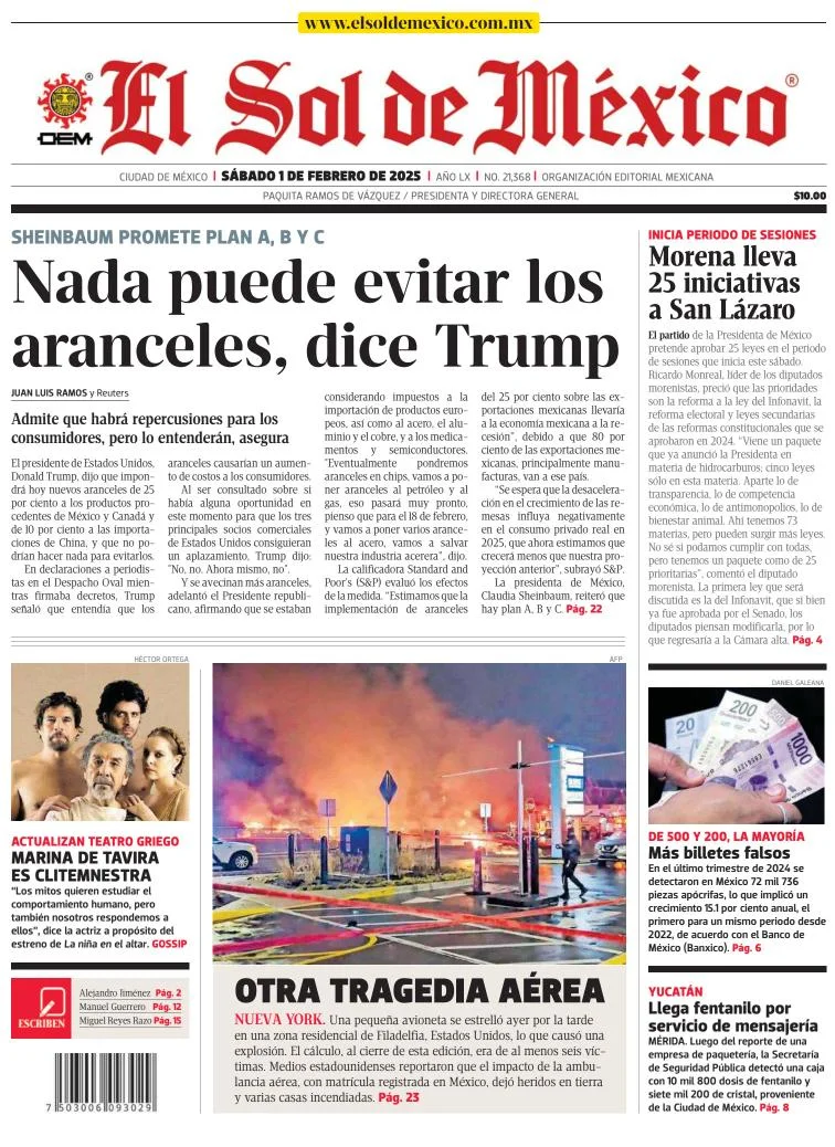 Portada de El Sol de México del sábado, 1 de febrero de 2025