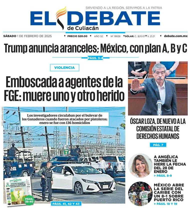 Portada de El Debate de Culiacán del sábado, 1 de febrero de 2025