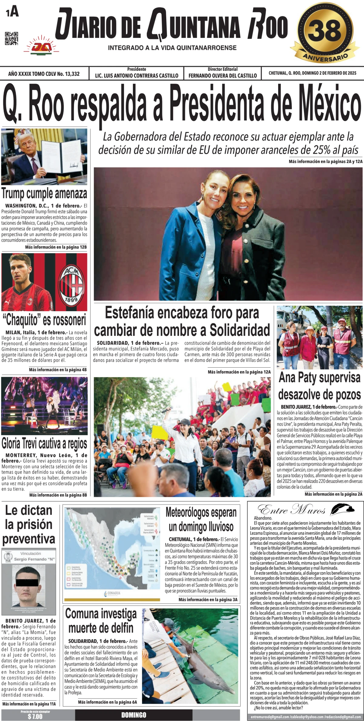 Portada de Diario de Quintana Roo (portada) del domingo, 2 de febrero de 2025
