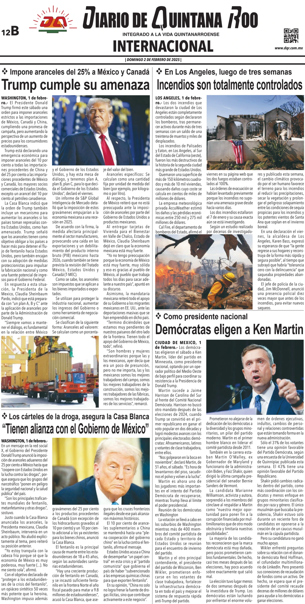 Portada de Diario de Quintana Roo (contra Portada) del domingo, 2 de febrero de 2025