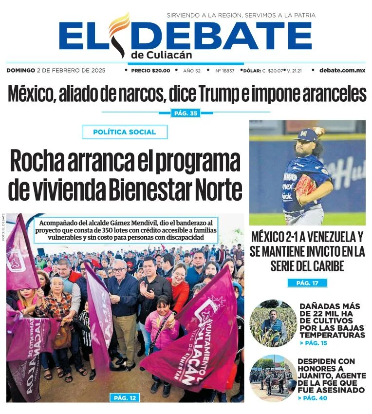 Portada de El Debate de Culiacán del domingo, 2 de febrero de 2025