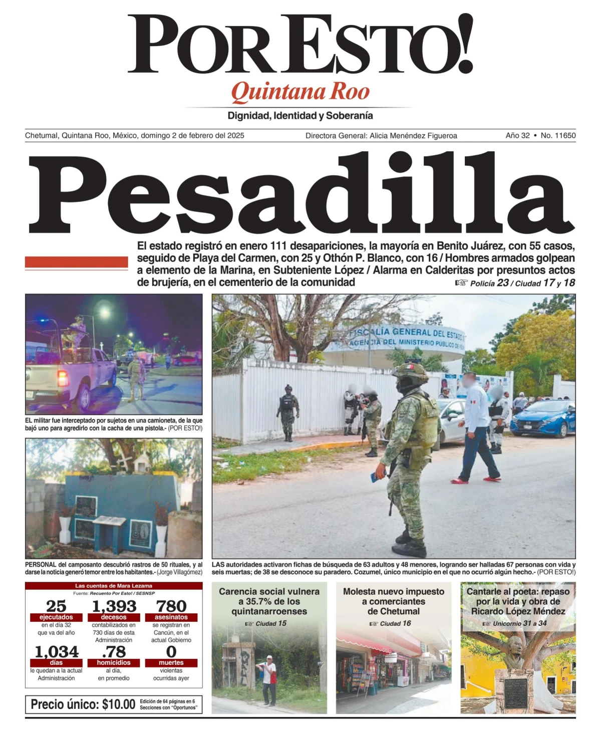 Portada de Por Esto (quintana Roo Chetumal) del domingo, 2 de febrero de 2025