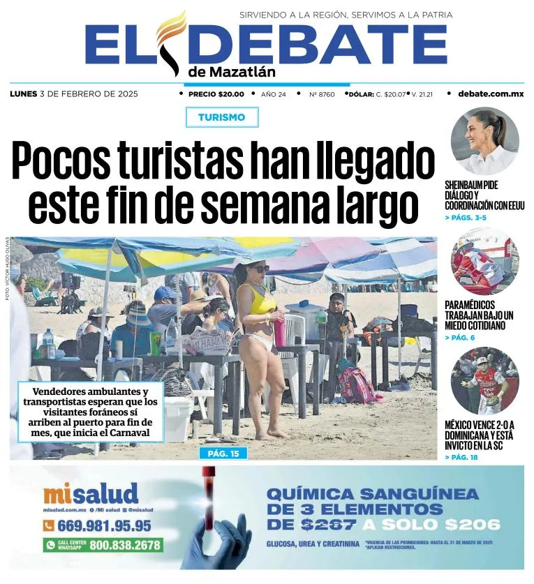 Portada de El Debate de Mazatlán del lunes, 3 de febrero de 2025