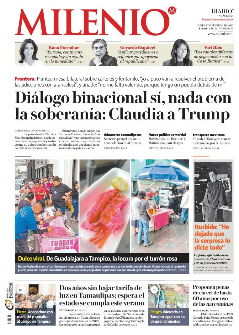 Portada de Milenio Tamaulipas del lunes, 3 de febrero de 2025